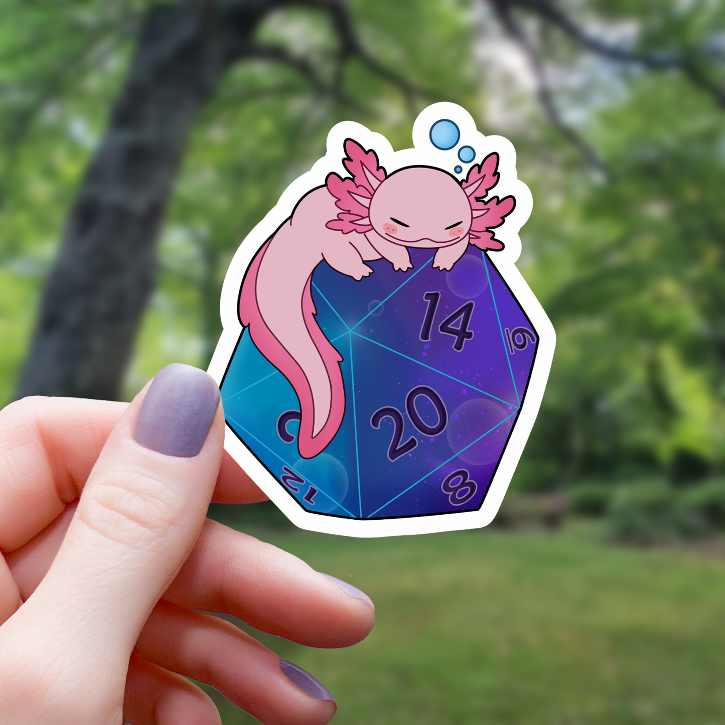 Axolotl On Galaxy D20 Dice Sticker - 3"