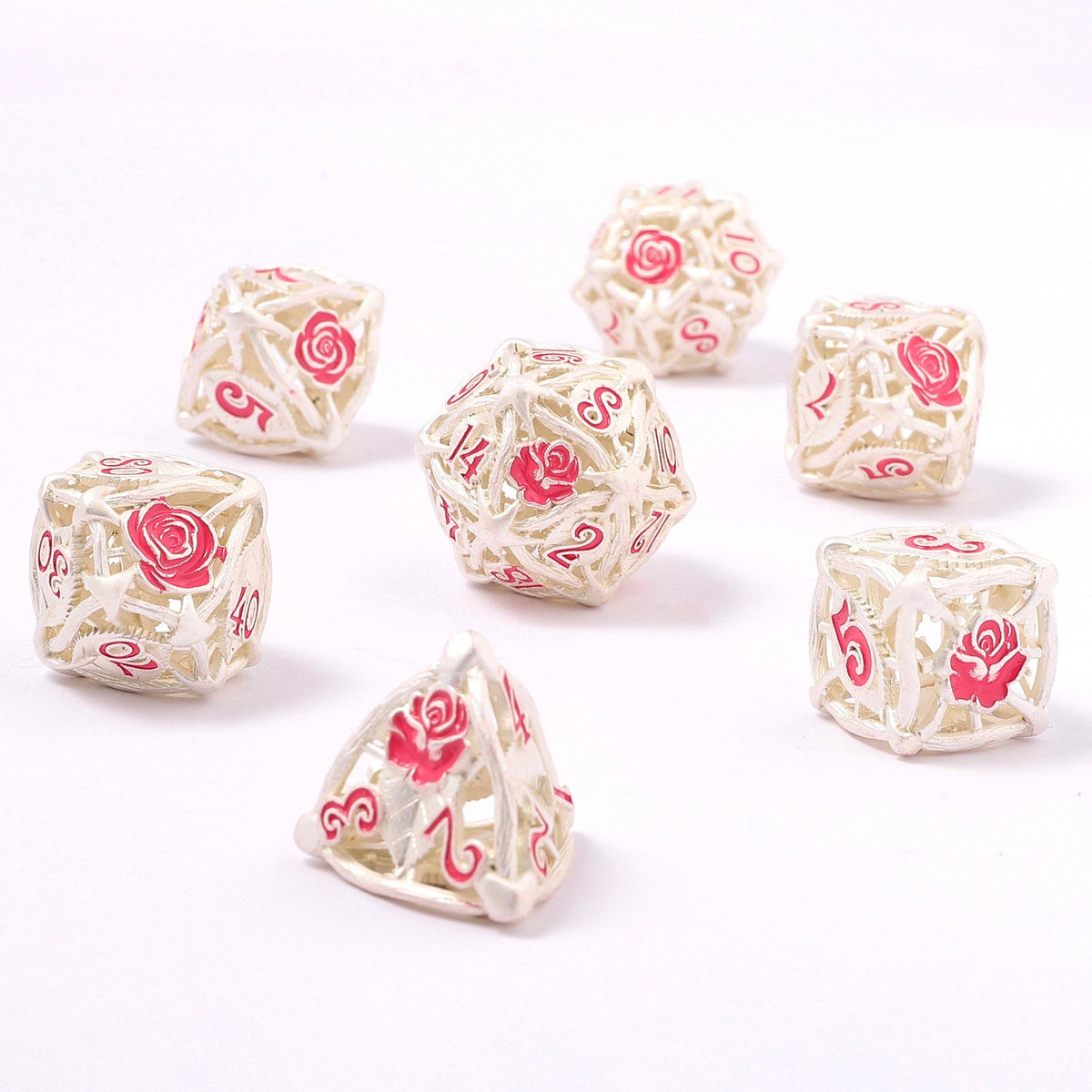 Hollow Metal Rose Dice Set - Matt Silver w/Pink