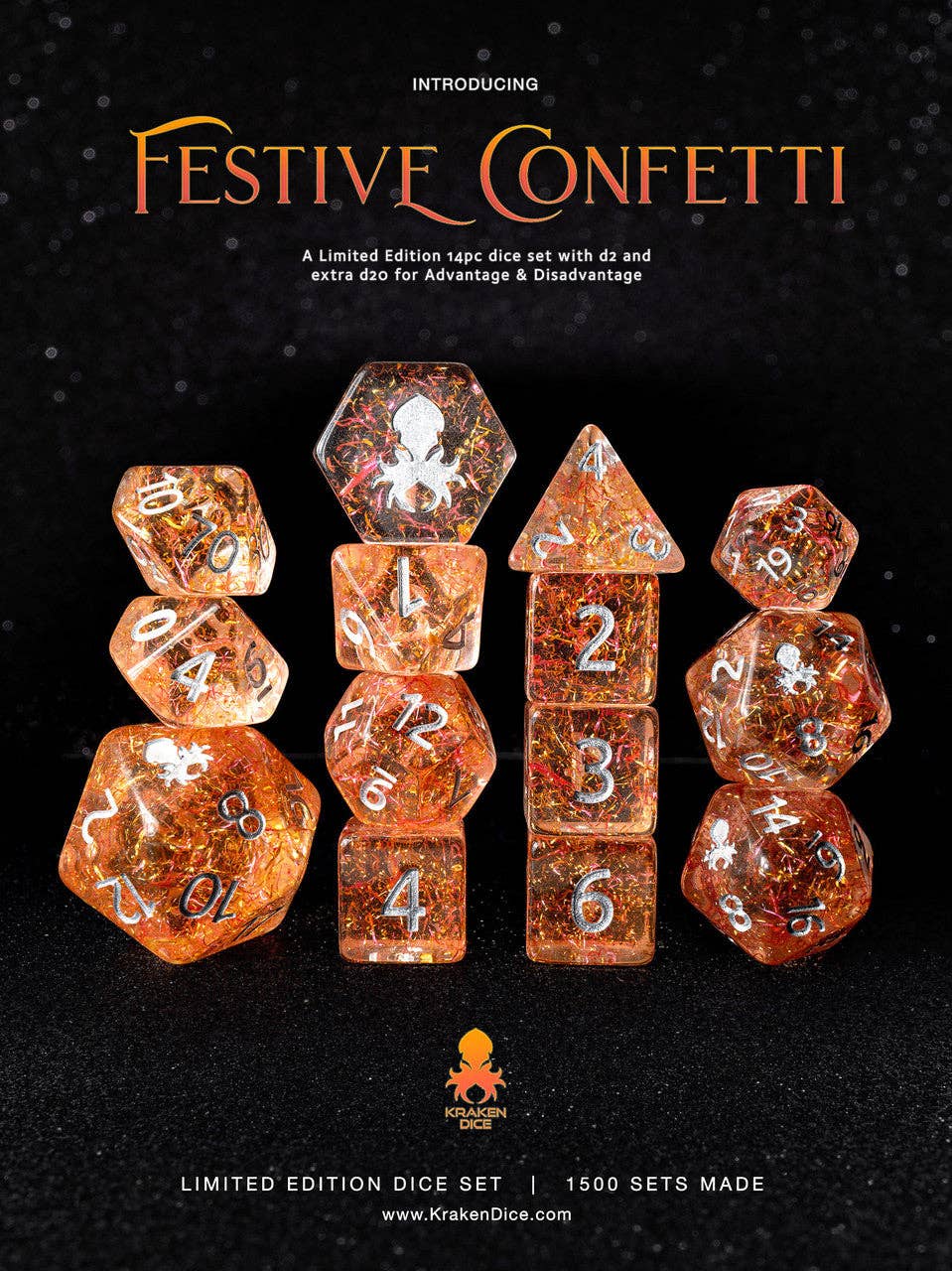 Festive Confetti 14pc Silver Ink Dice Set With Kraken Logo for TTRPGs