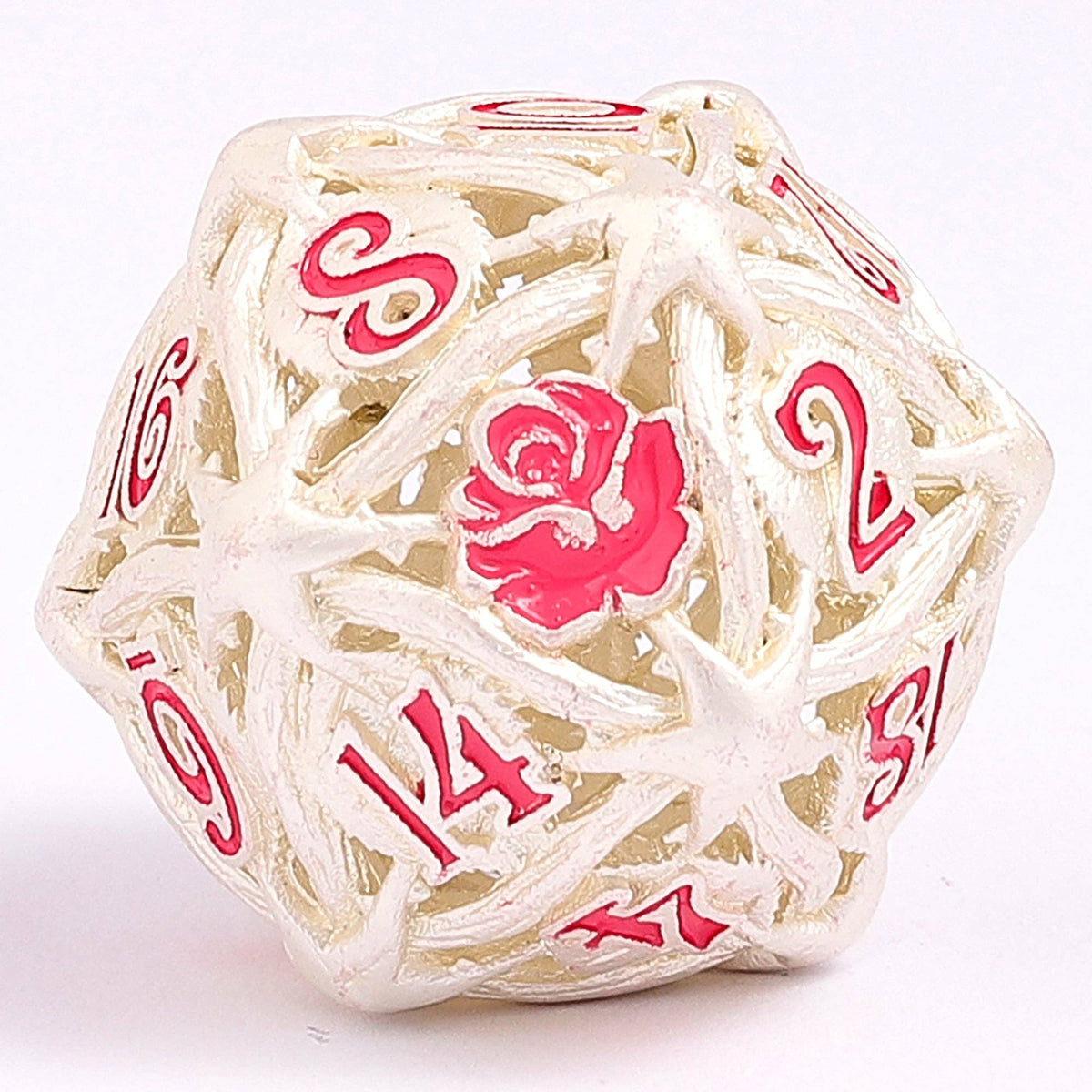 Hollow Metal Rose Dice Set - Matt Silver w/Pink