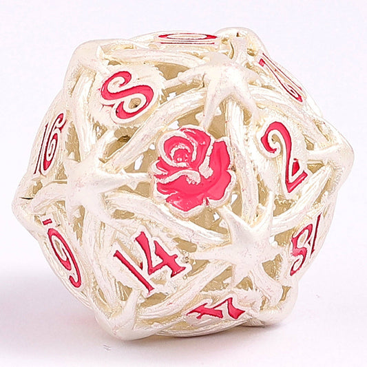Hollow Metal Rose Dice Set - Matt Silver w/Pink