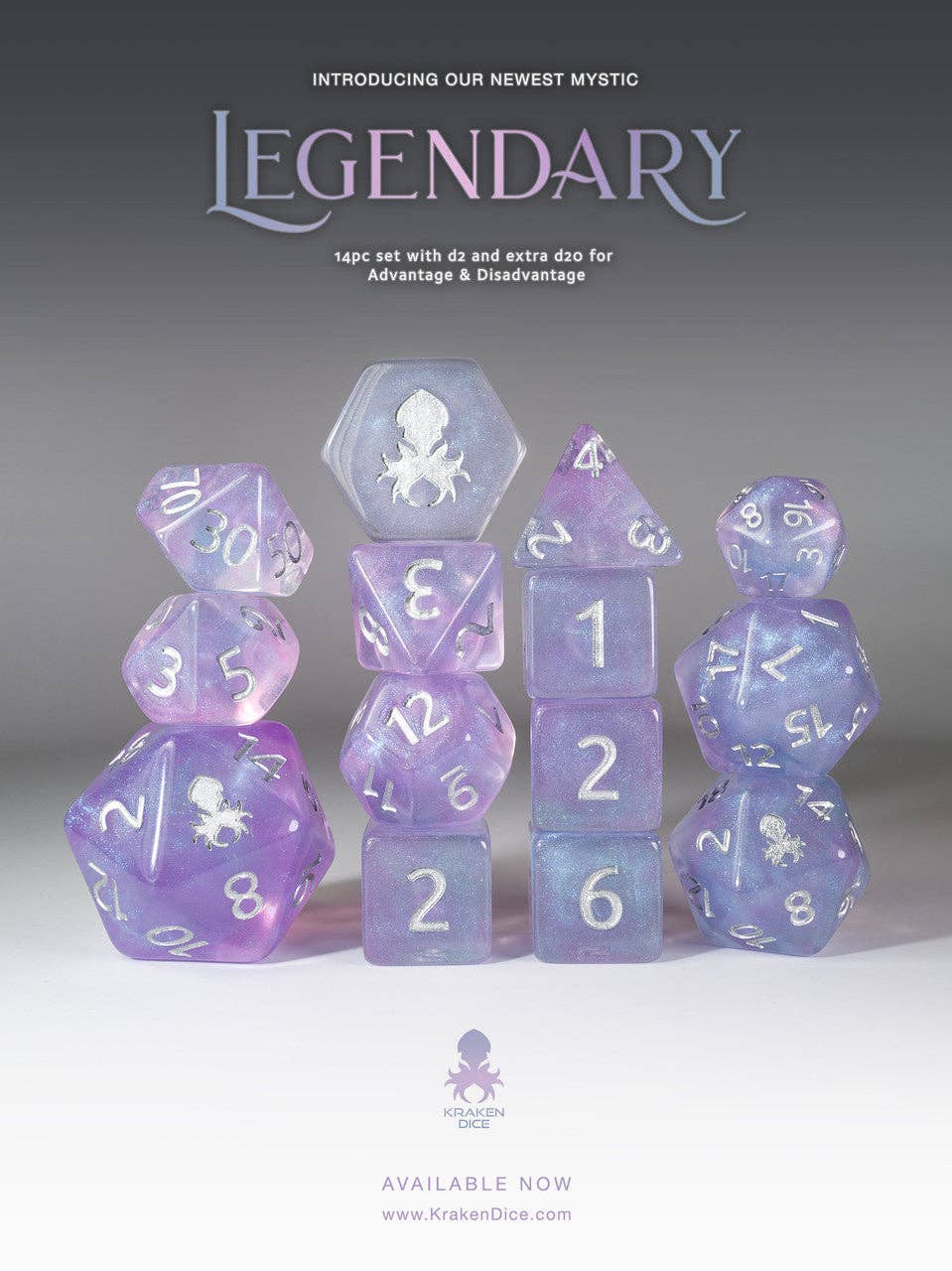 Legendary 14pc Silver Ink Dice Set With Kraken Logo
