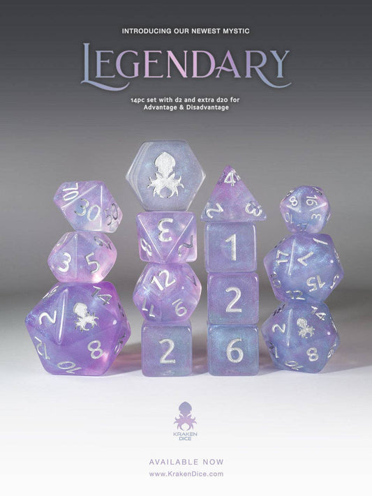 Legendary 14pc Silver Ink Dice Set With Kraken Logo