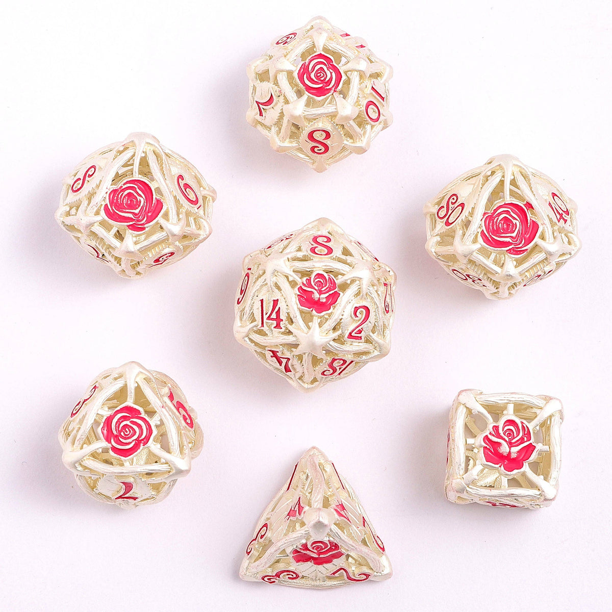 Hollow Metal Rose Dice Set - Matt Silver w/Pink