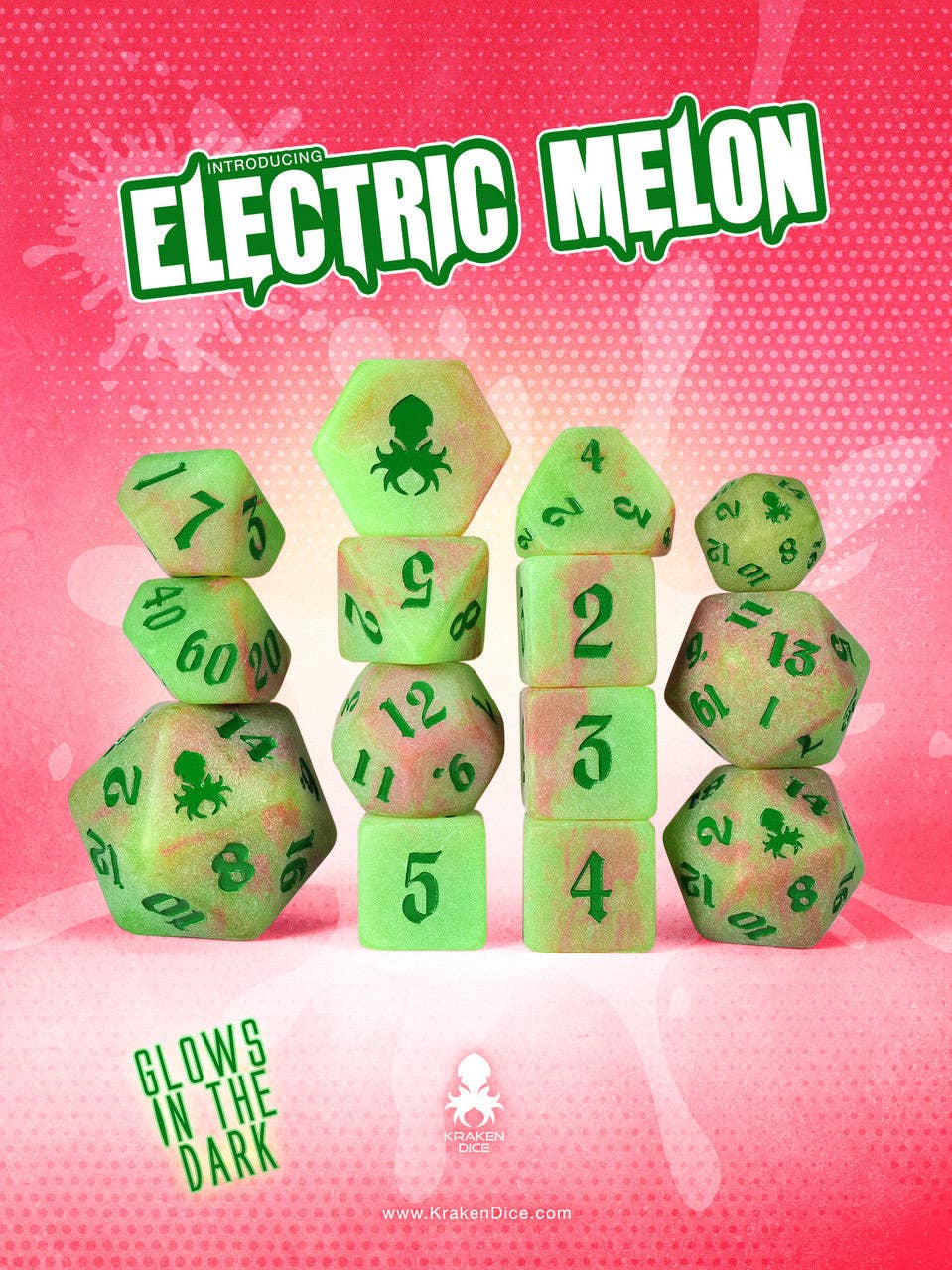 Electric Melon Glow in the Dark 14pc Dice Set inked in Green