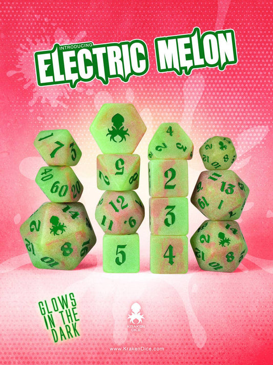 Electric Melon Glow in the Dark 14pc Dice Set inked in Green