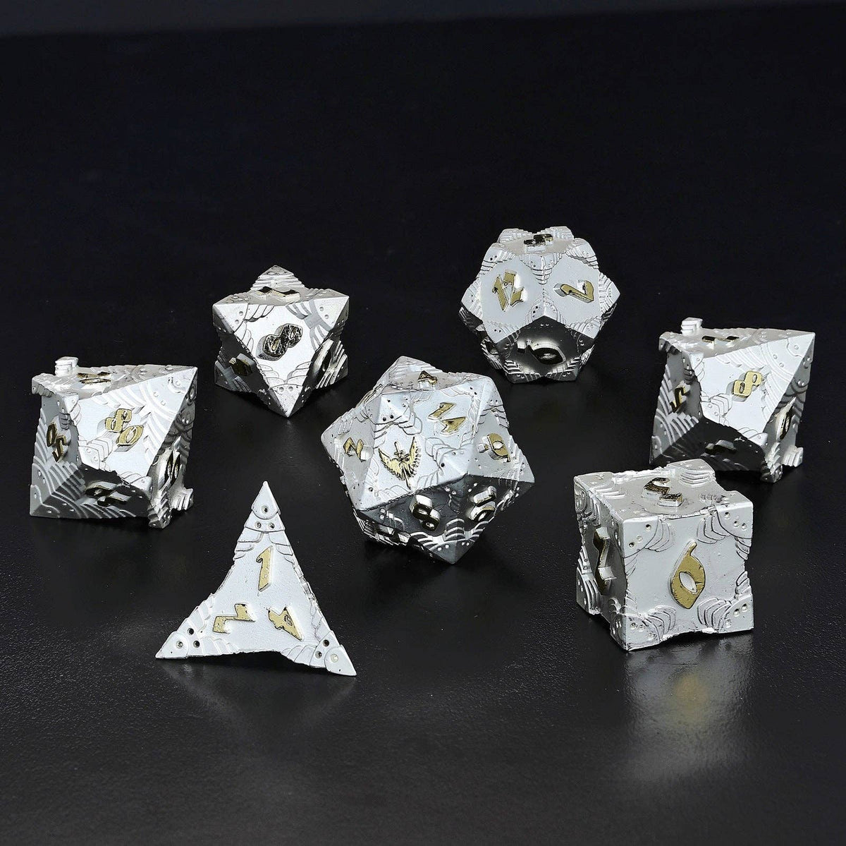 Solid Metal Paladin Class RPG Dice Set - Matt Silver w/Gold