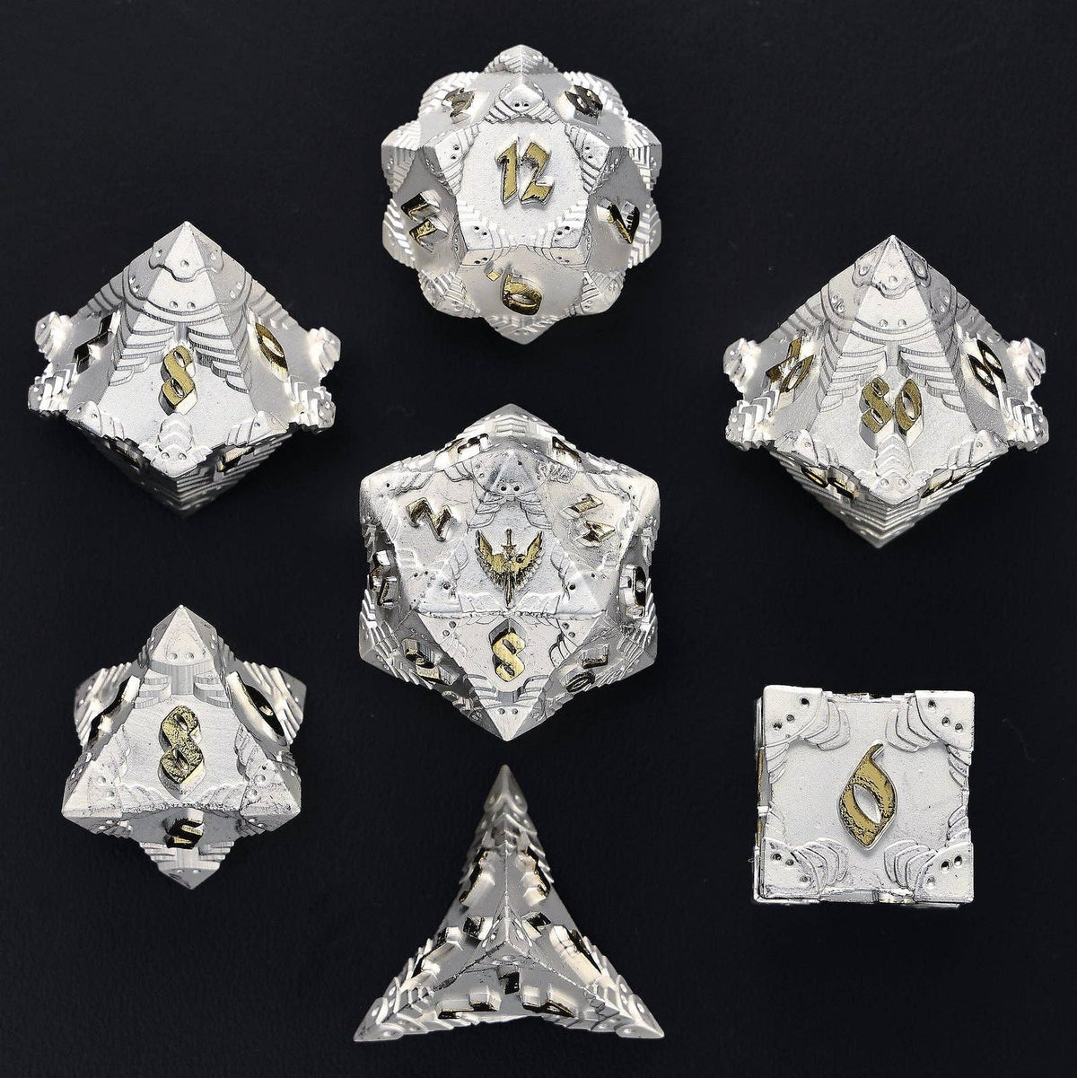 Solid Metal Paladin Class RPG Dice Set - Matt Silver w/Gold