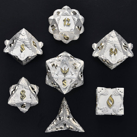 Solid Metal Paladin Class RPG Dice Set - Matt Silver w/Gold